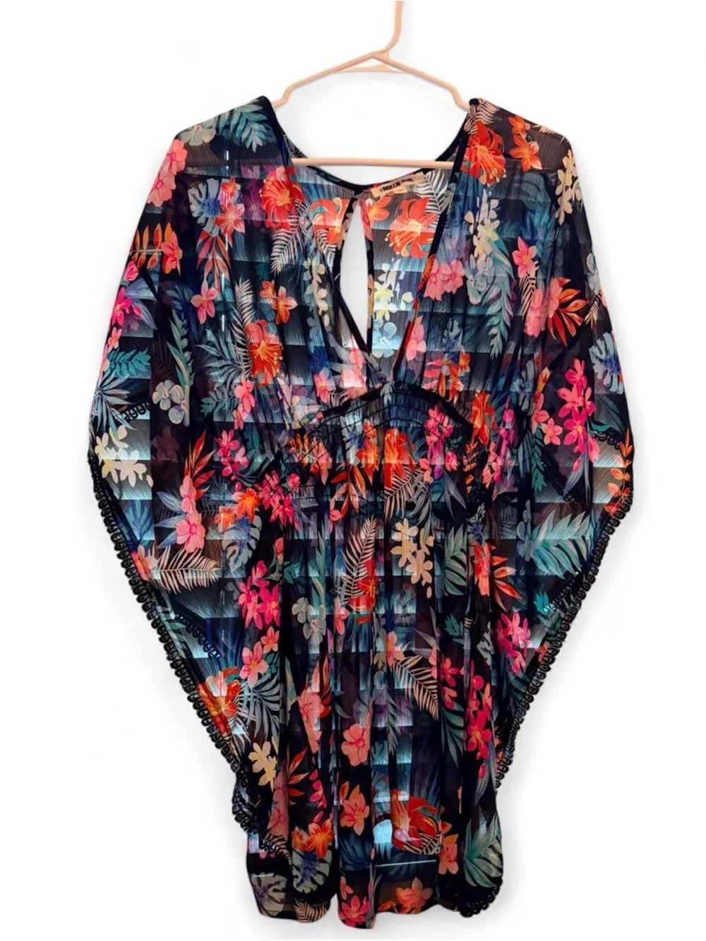 Women’s Floral One-Piece Swimsuit Cover-Up - Black with Multicolor Floral Print